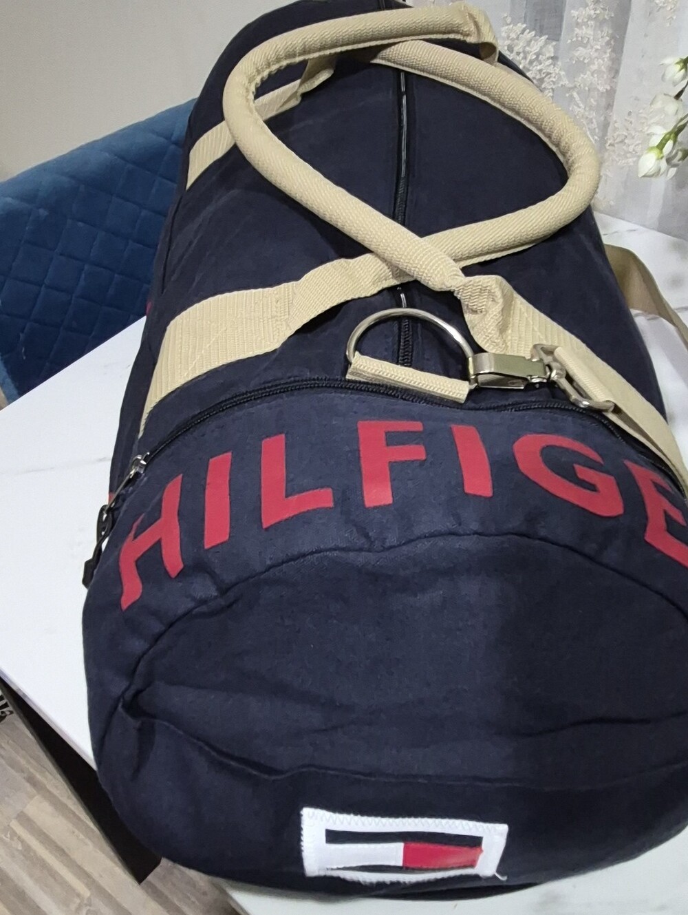 Tommy Hilfiger Navy Canvas Duffel Bag with Beige Straps